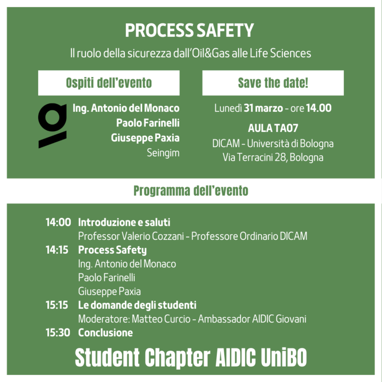 Incontro “Process Safety: il ruolo della sicurezza dall’Oil&Gas alle Life Sciences” con Seingim // AIDIC Giovani – Chapter di Bologna